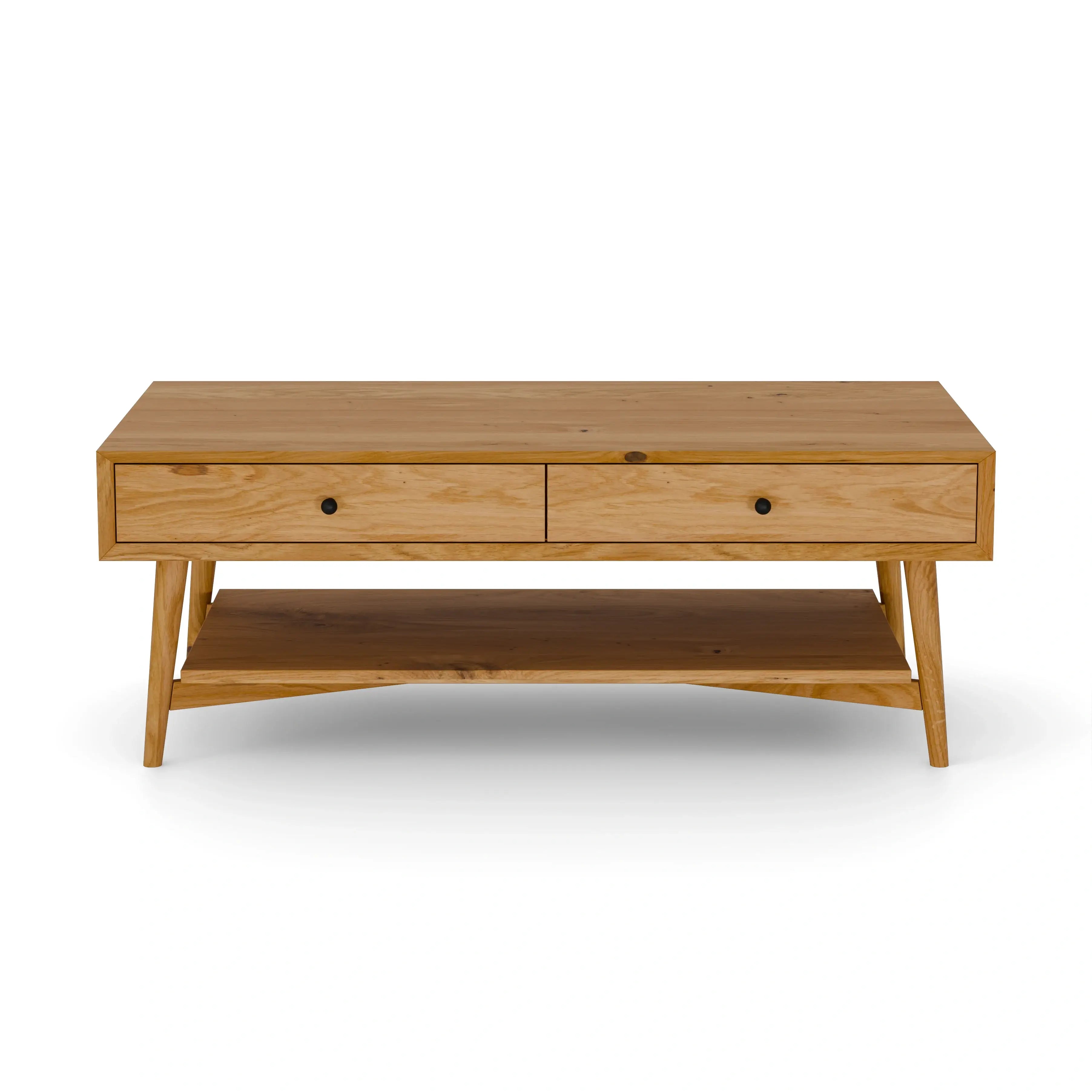 Solid oak coffee table with drawers and shelf – Verdant Furniture