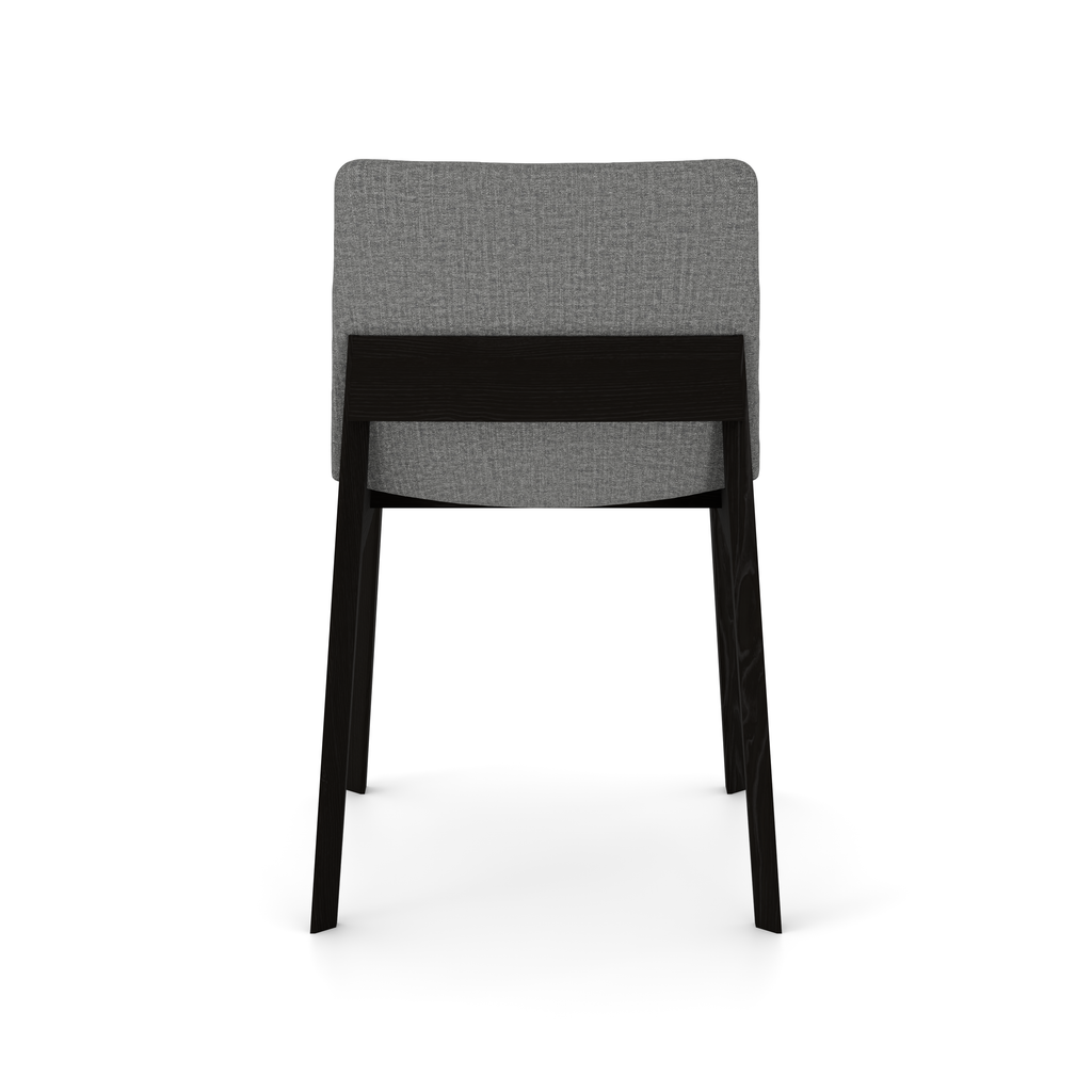 Back view showing curved black frame and dark cushion