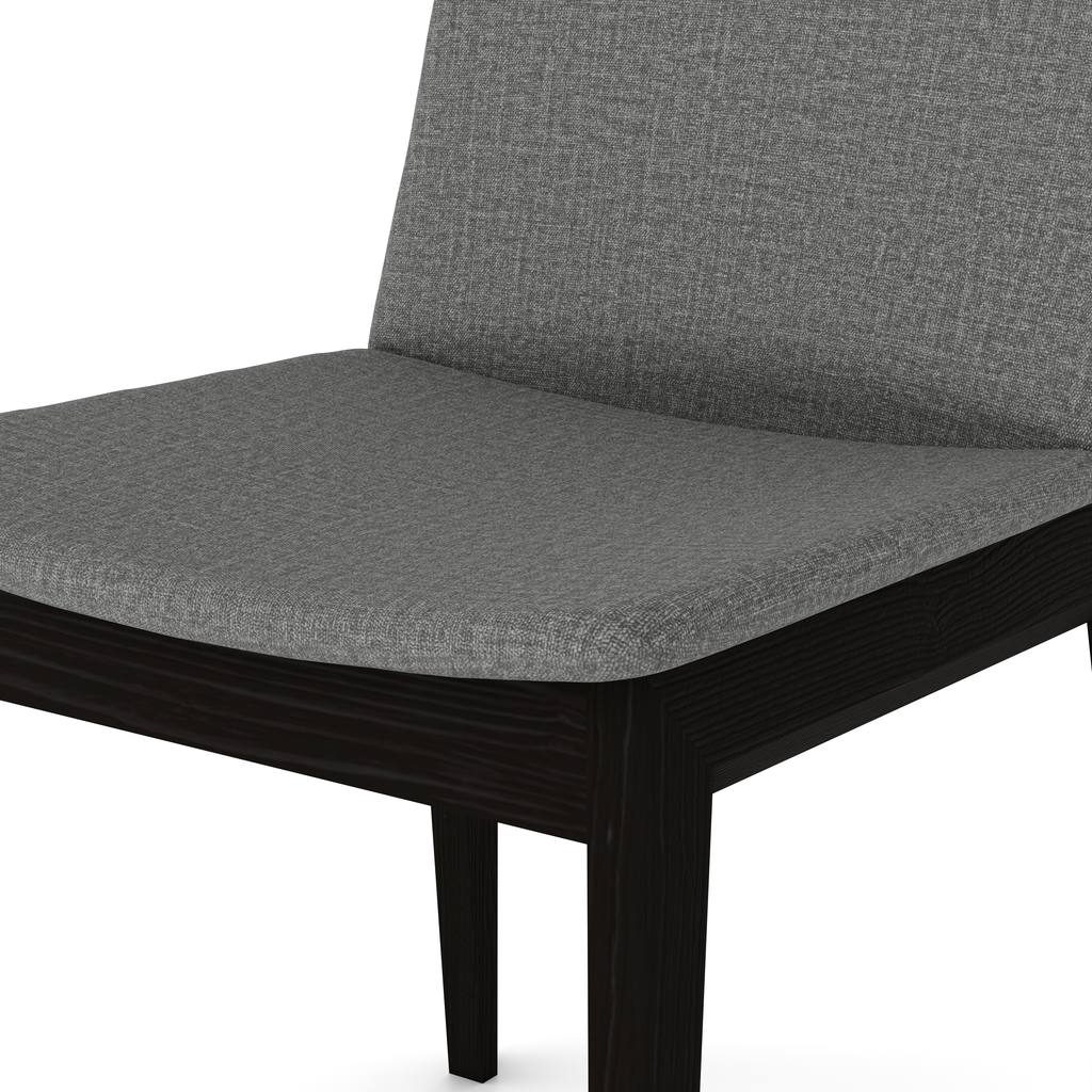 Detail of black finish and charcoal fabric seat
