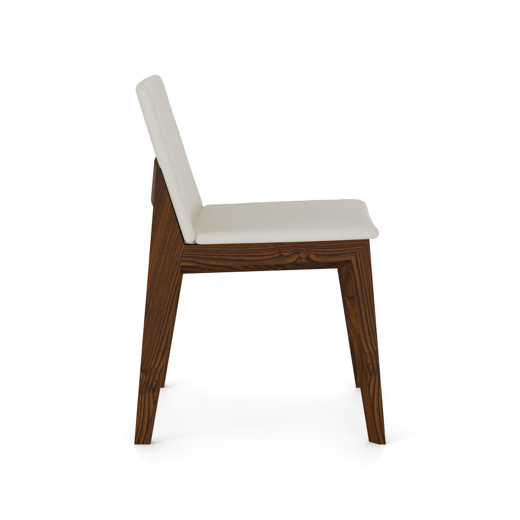 Walnut Harlton Chair side view, soft fabric and slim frame