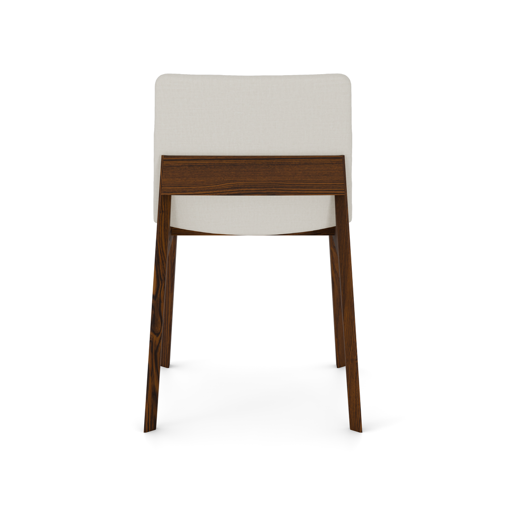 Back view of walnut chair with beige upholstery and curved design