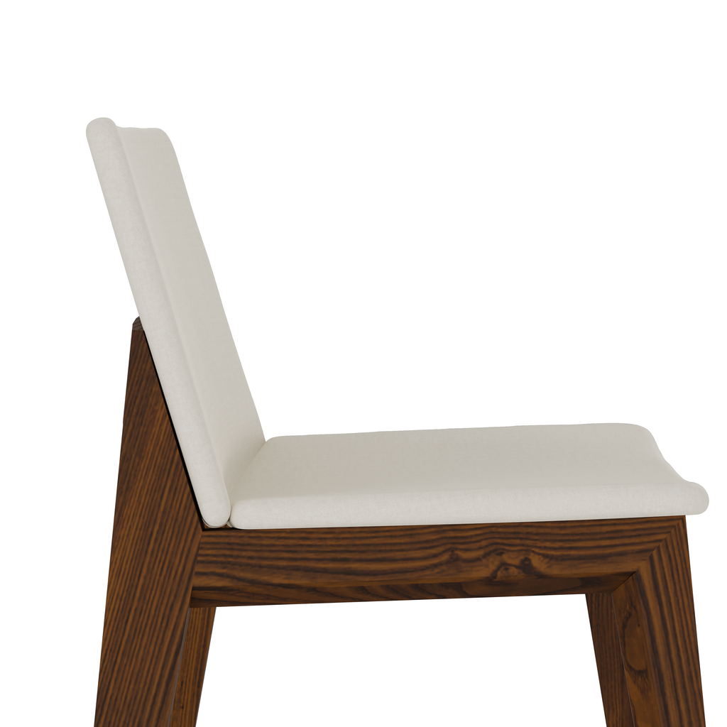 Detail of beige fabric and polished walnut edge