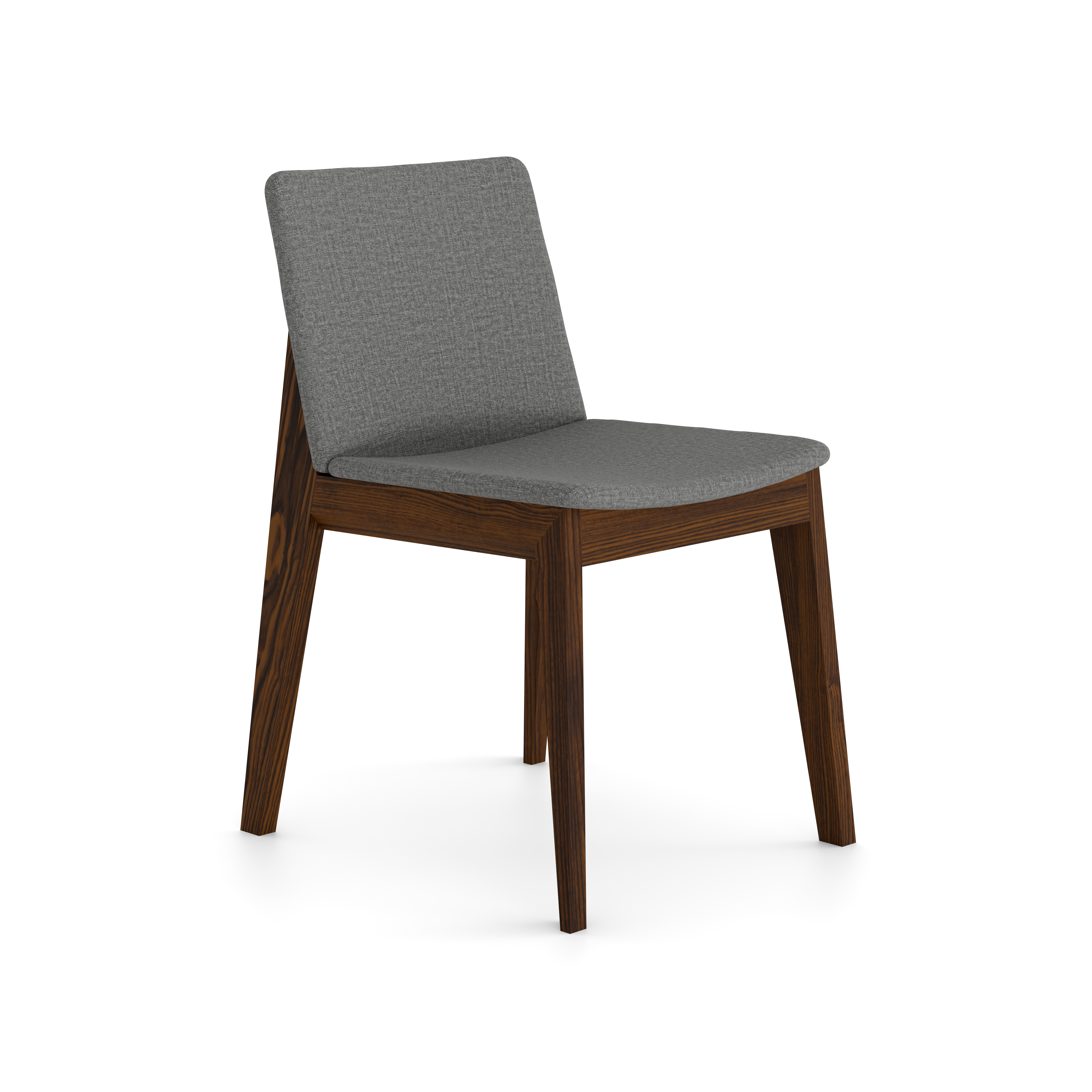 Walnut Harlton Chair side view, soft fabric and slim frame