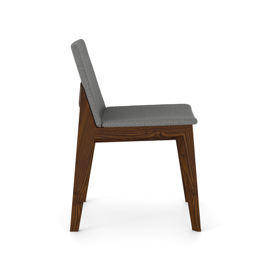 Side shot showing dark walnut tone and light upholstery