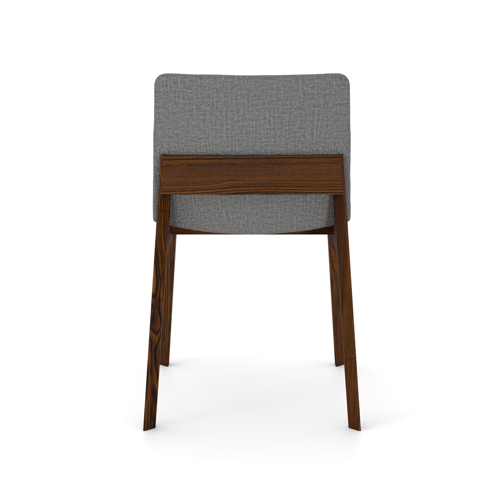 Back view of walnut chair with beige upholstery and curved design