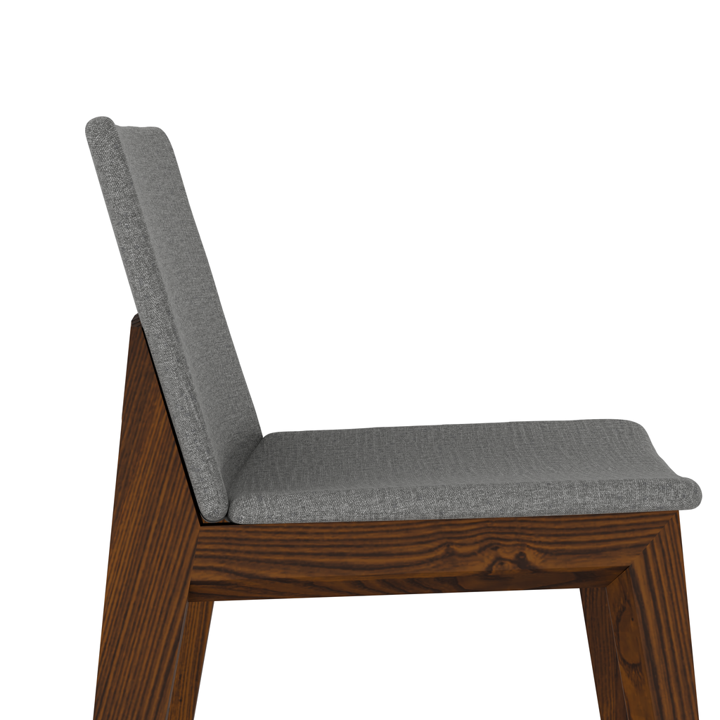 Close-up – walnut wood grain and beige upholstery detail