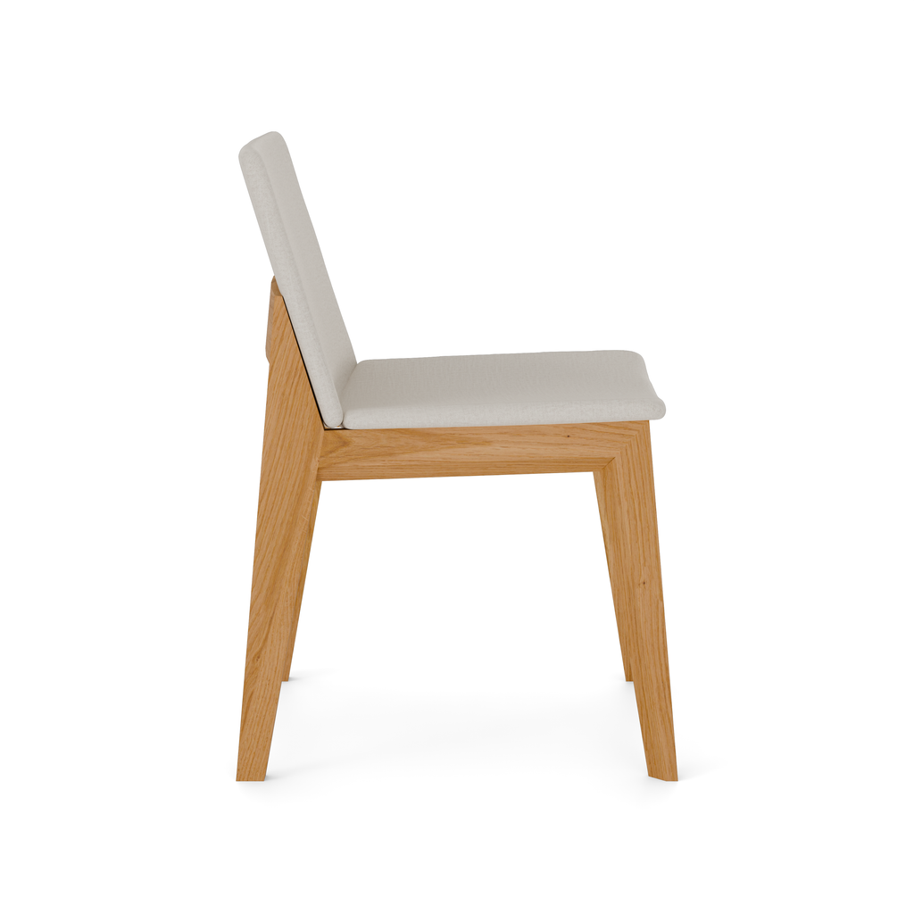 Harlton Chair side view in Natural Oak with soft grey fabric