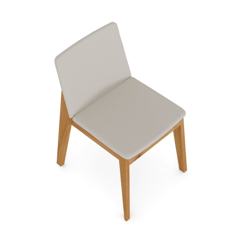 Side shot – oak wood tone and mid-grey upholstery contrast