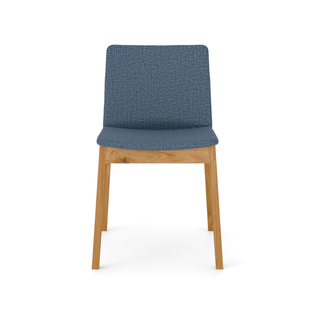 Natural Oak Chair with dark grey cushion, minimalist front view