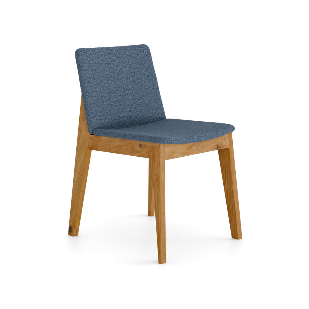Side profile of Natural Oak Harlton Chair showing oak legs and dark grey seat