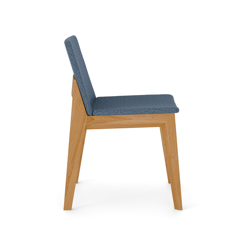 Oak dining chair side angle – sleek profile and charcoal fabric upholstery