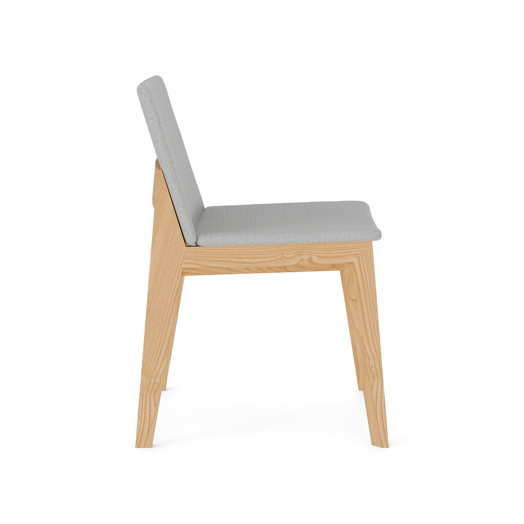 Olive Ash chair side view – beige fabric seat, natural wood frame