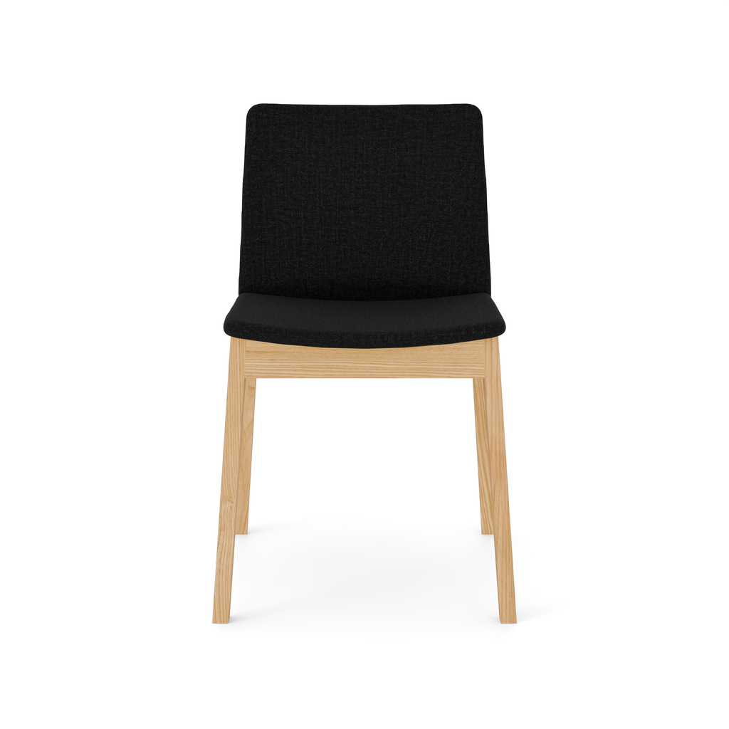 Olive Ash chair front shot – modern wood and dark fabric contrast