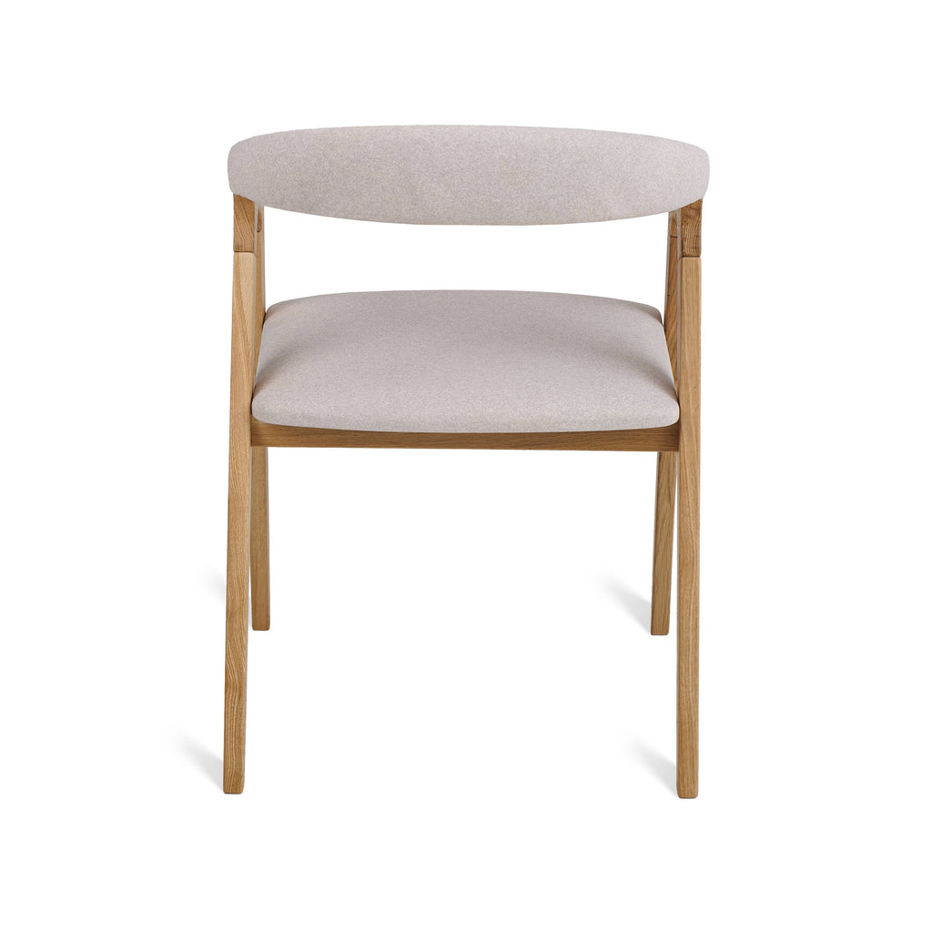 Back view of Bridge Dining Chair in Natural Oak with beige fabric seat