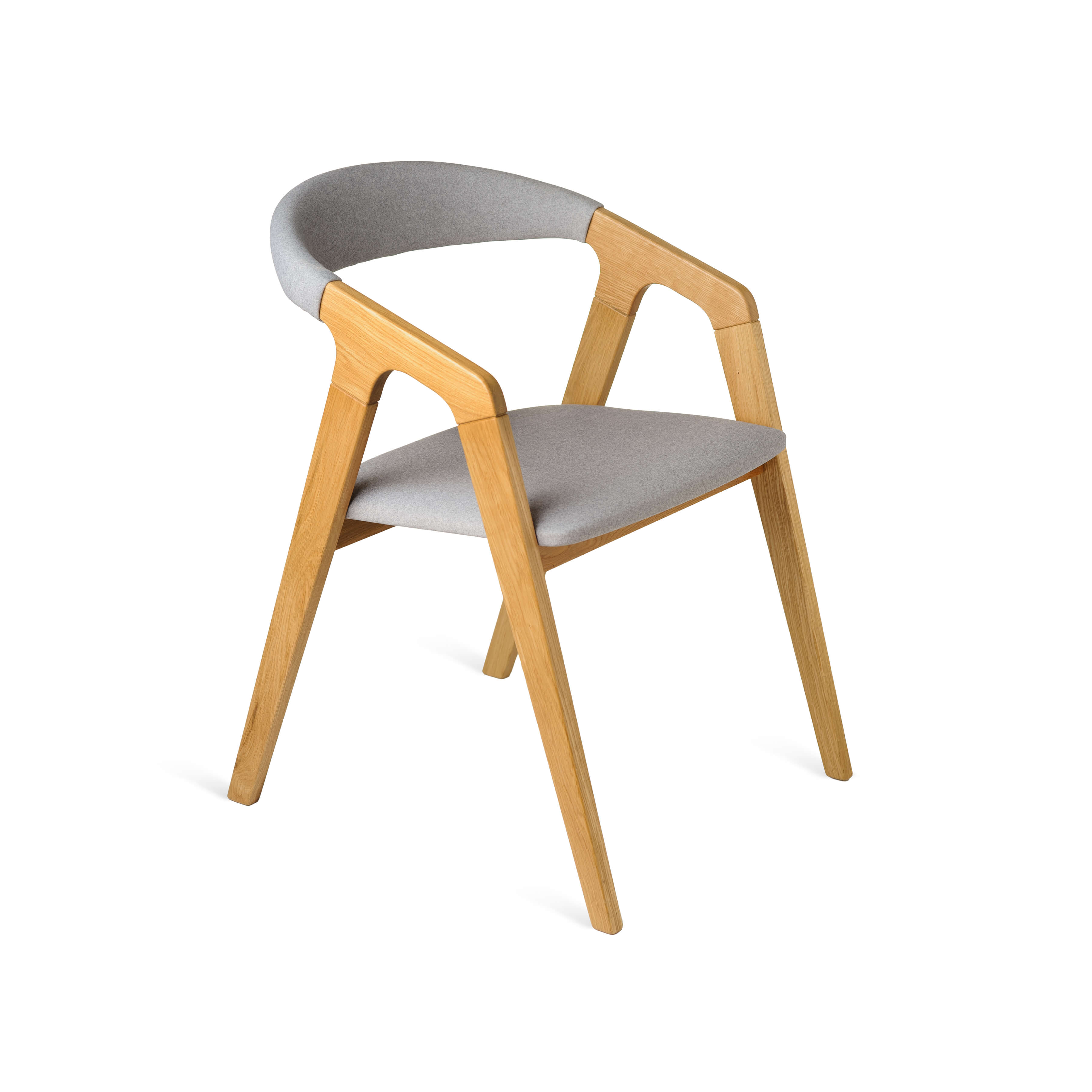 Olive Ash Bridge Chair front angle showing soft grey fabric and light frame