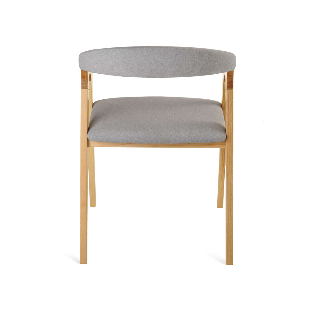 Rear view of Olive Ash Bridge Chair with grey fabric seat and wood legs