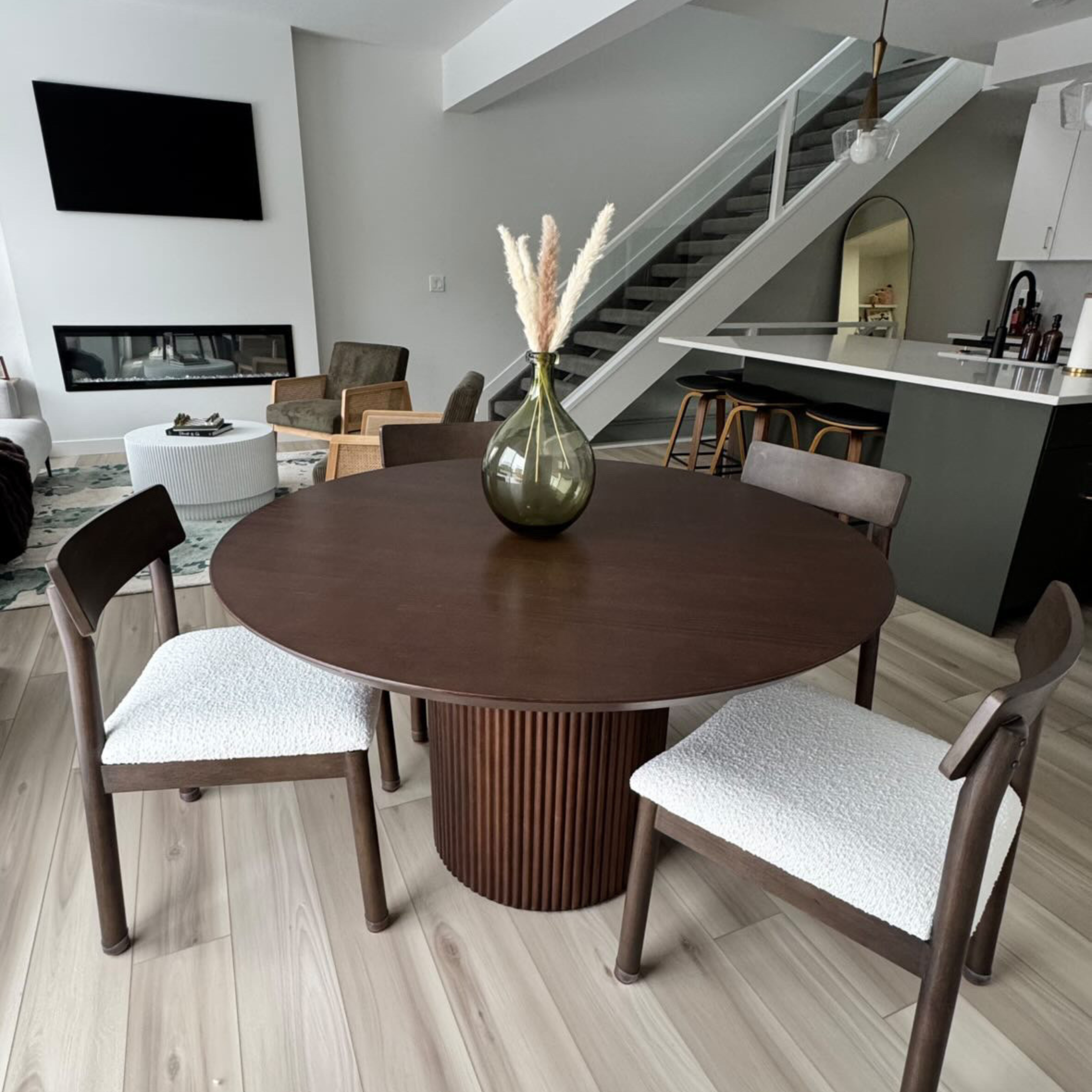 Tube round dining table styled in dining room – Dark Walnut solid wood modern design
