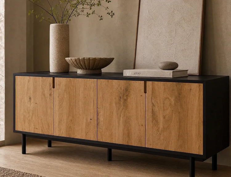 Two-tone sideboard with black frame and natural oak doors styled with ceramic vases