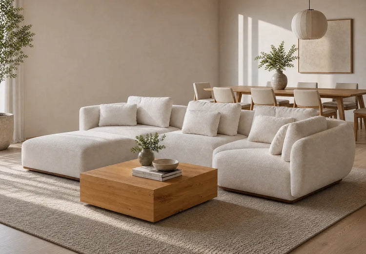 Cream bouclé modular sectional with a solid oak block coffee table in a warm minimalist living room