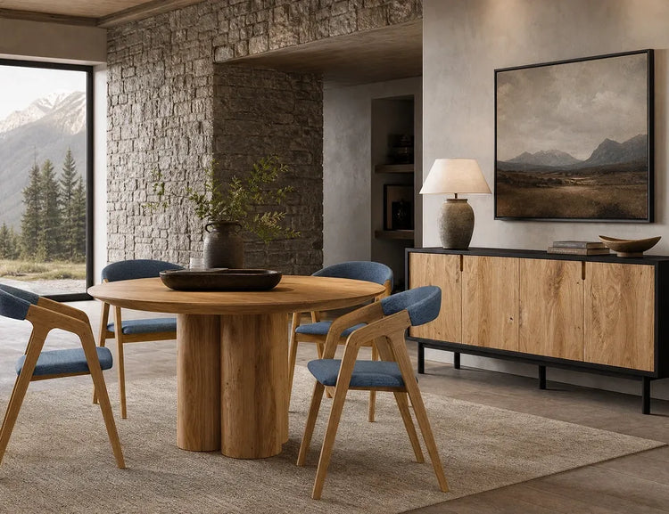 Round oak pedestal dining table with blue upholstered chairs and an oak-and-black sideboard against a stone wall