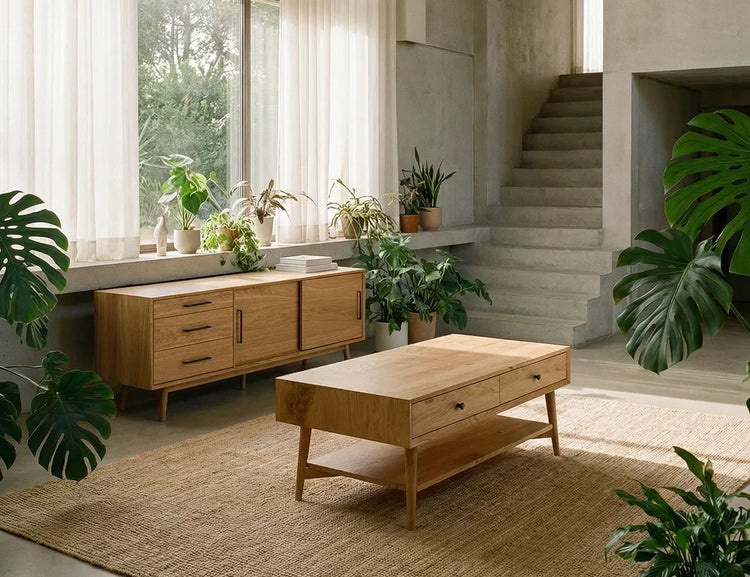 Solid oak sideboard and coffee table in a plant-filled living room with concrete walls and jute rug