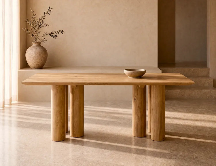 Solid wood dining table with cylindrical column legs in a minimalist earthy-toned interior