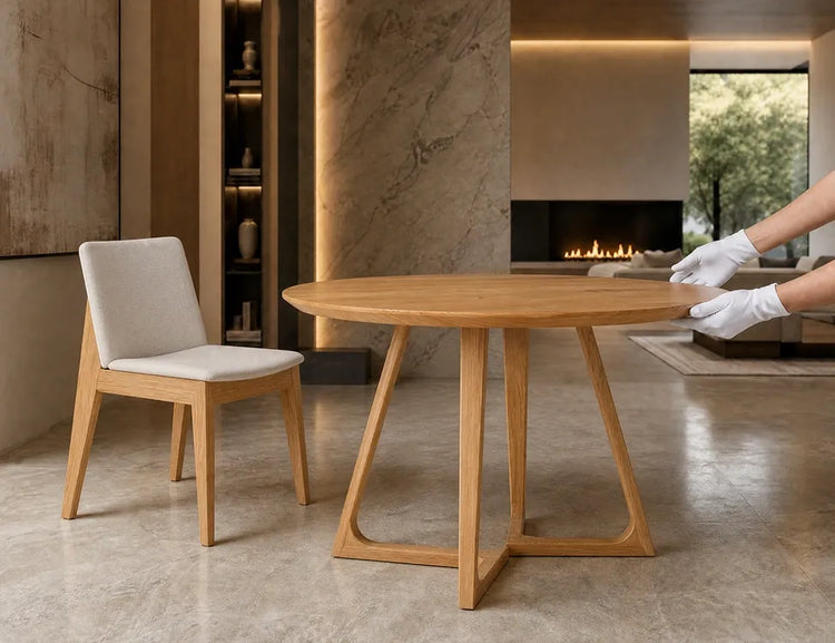 White-gloved hands carefully adjusting a round, natural wood dining table by Verdant Furniture, showcasing premium delivery. A matching upholstered dining chair sits nearby.