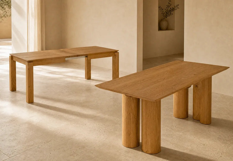 Two solid wood dining tables by Verdant Furniture in a minimal interior, featuring a rectangular extendable table and a modern table with thick cylindrical legs.