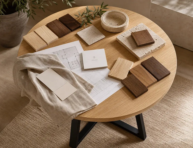 Wood, fabric, and stone material samples arranged on a round coffee table alongside design blueprints