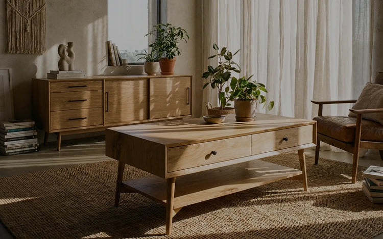 Wood sideboard and coffee table with drawers in a bright Scandinavian-style living room with plants